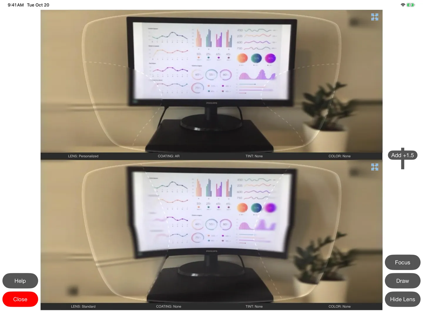OptikamPad Augmented Reality comparing a personalized lens with an anti-reflective coating to a standard lens, over the live camera view