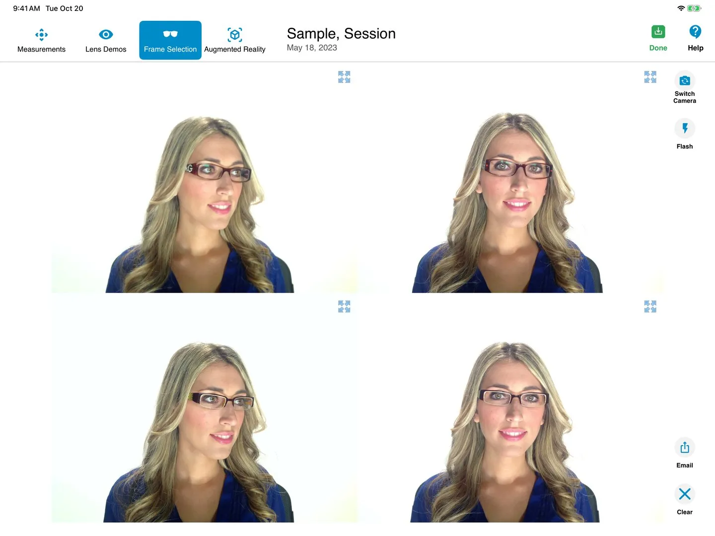 OptikamPad Frame Selection: four photos of the patient in different frames, side by side