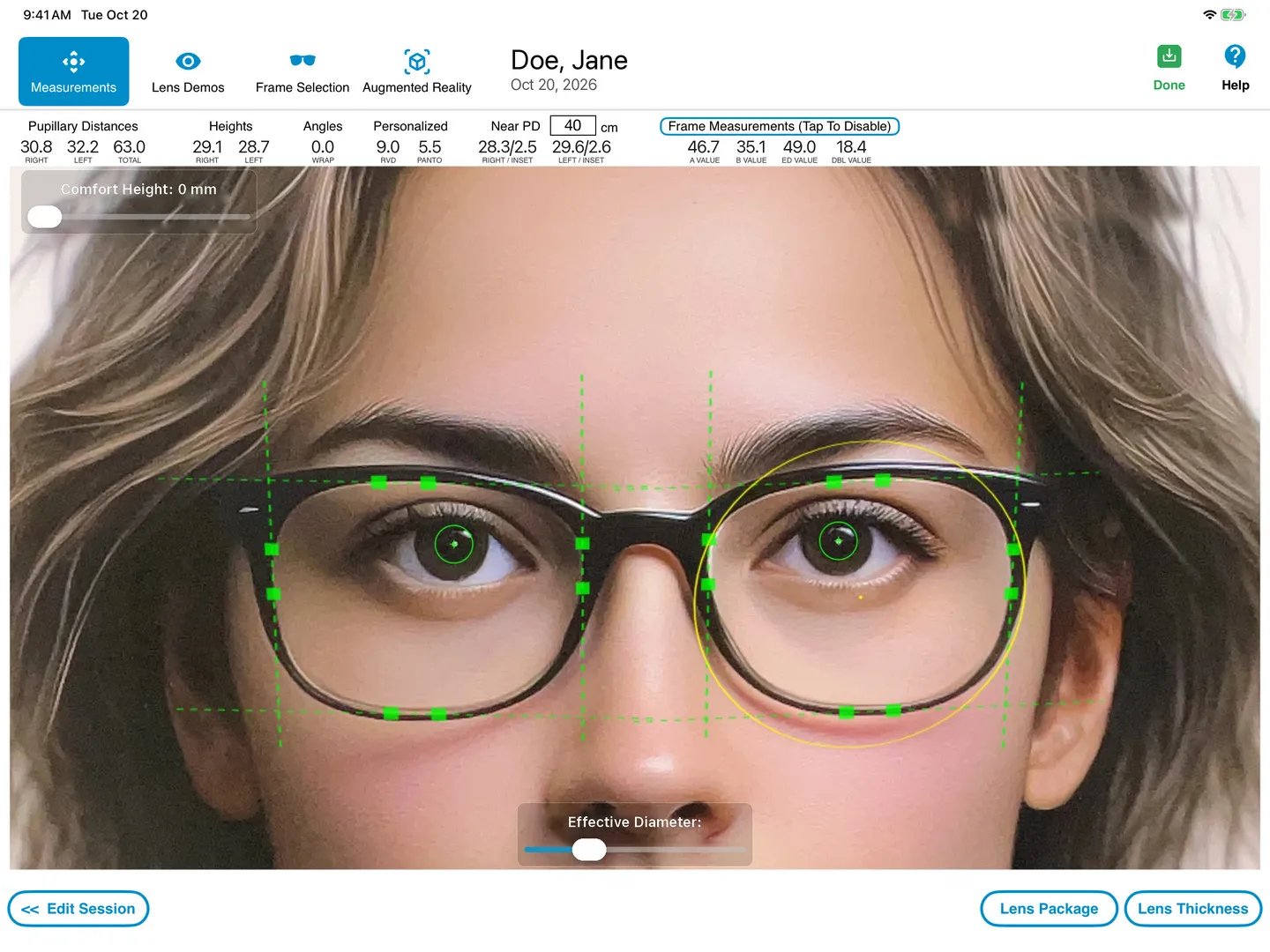 OptikamPad measuring a patient's eyewear on an iPad