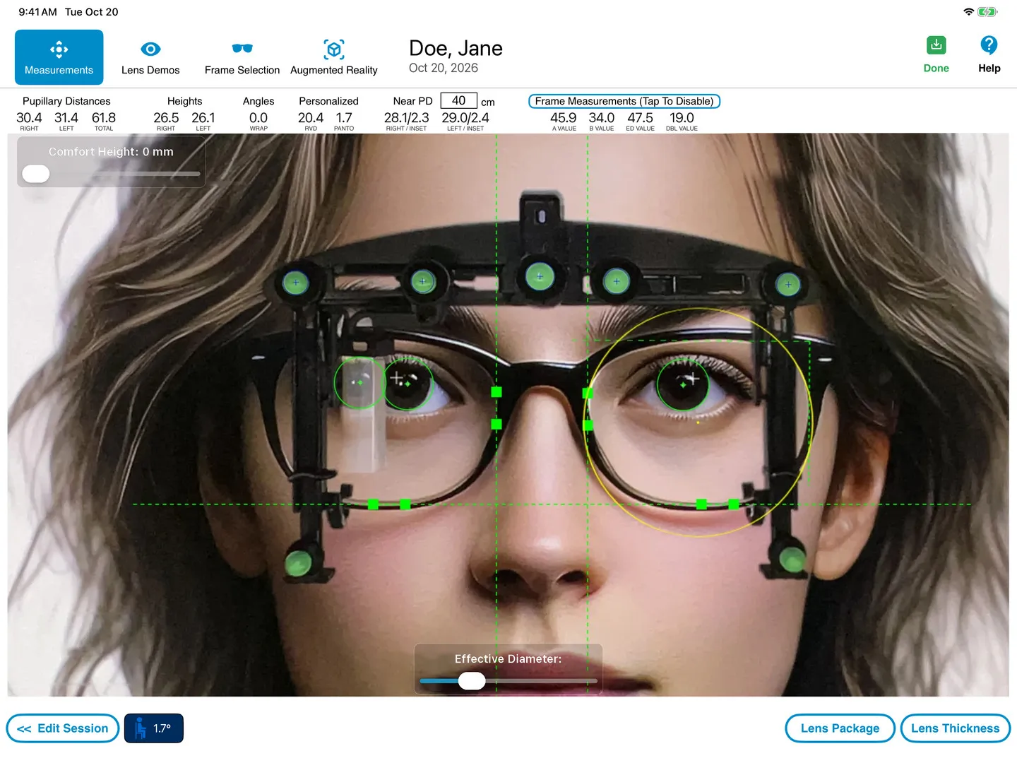 OptikamPad with the Optikam Posture Device (OPD) on the frame: pupillary distances, heights, angles and frame measurements taken from one photo