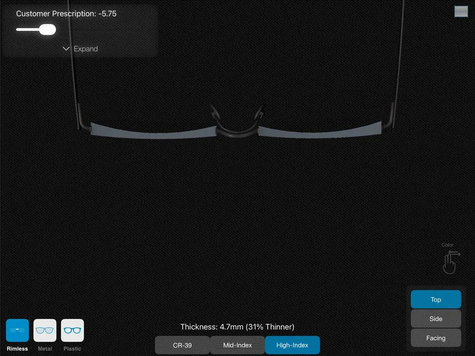 OptikamPad lens thickness demo: a −5.75 prescription in a rimless frame is 4.7 mm thick in high-index, 31% thinner